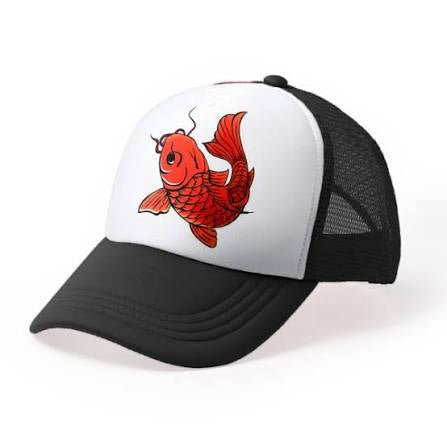 5-panel mesh back baseball cap with a koi print