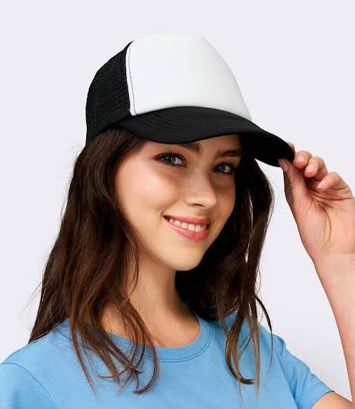 white woman with brown hair wearing 5-panel mesh back baseball cap
