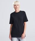 woman with black shirt facing the screen 