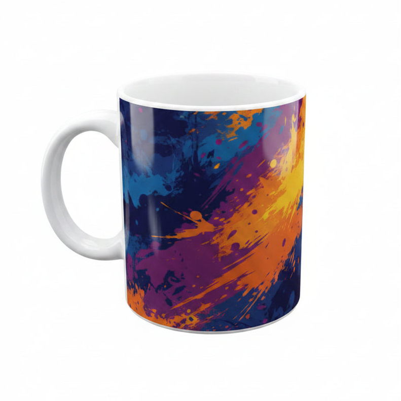 11oz white ceramic mug with a multi-colour design
