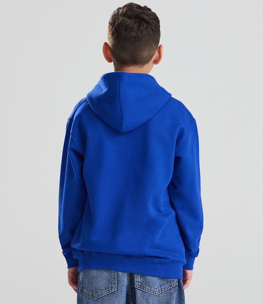 child wearing a dark blue hoodie facing away from the camera