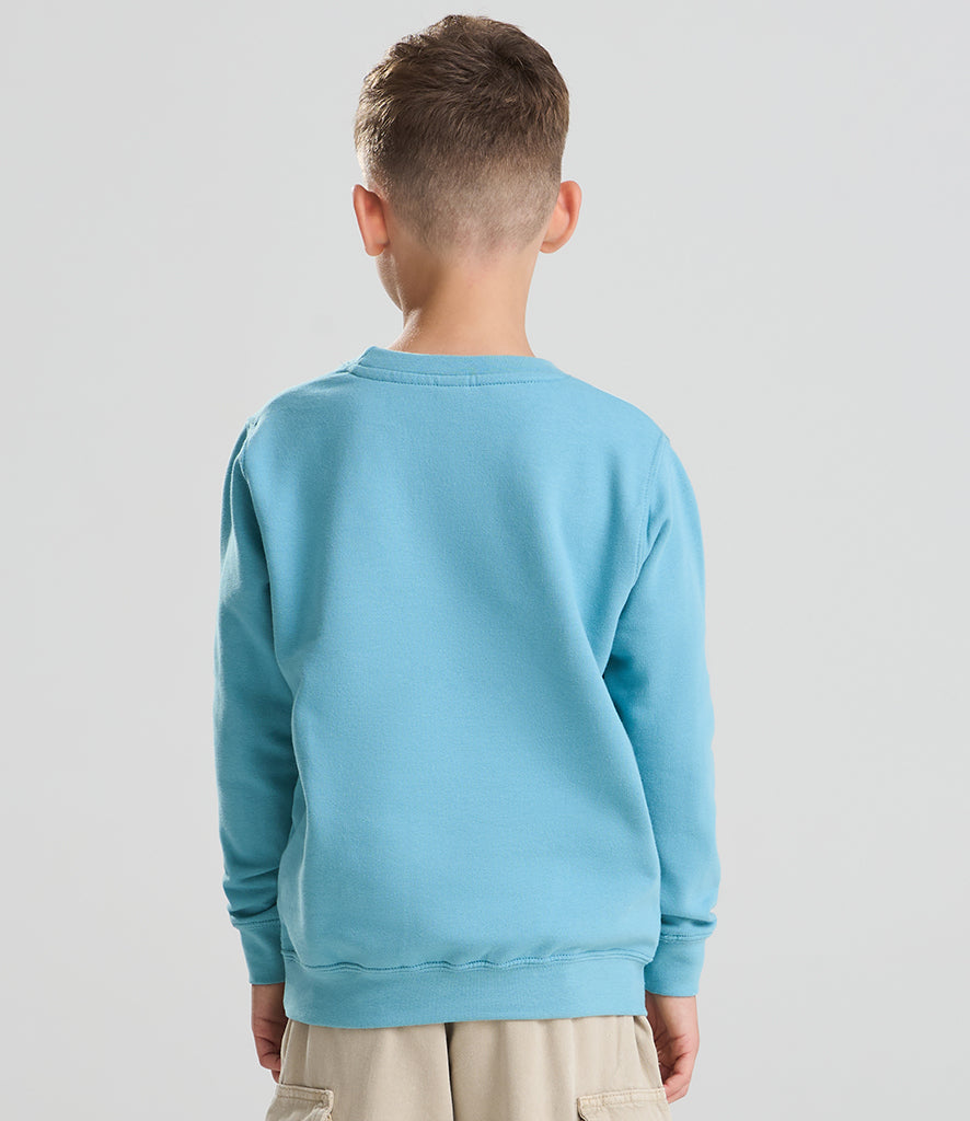 child wearing a bright-blue sweatshirt facing away from the camera