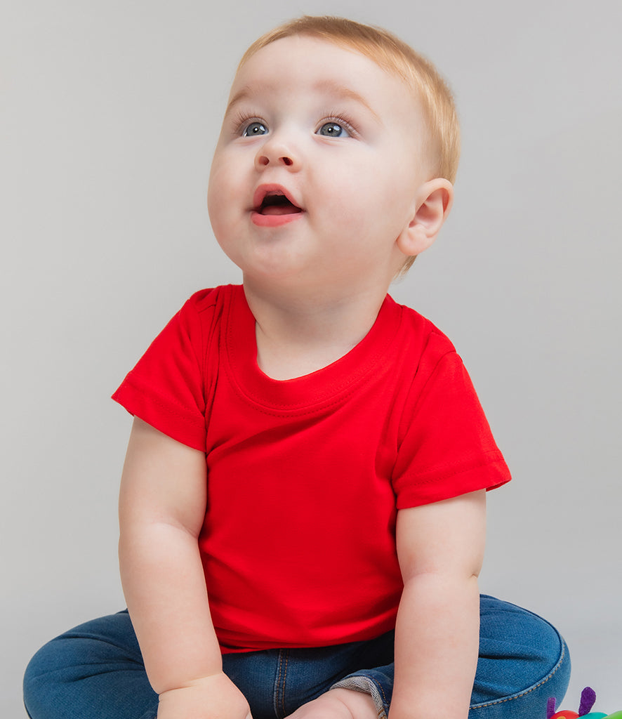 toddler wearing bright-red baby grown and blue trousers