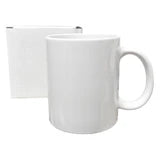 11oz white ceramic mug infront of a white box
