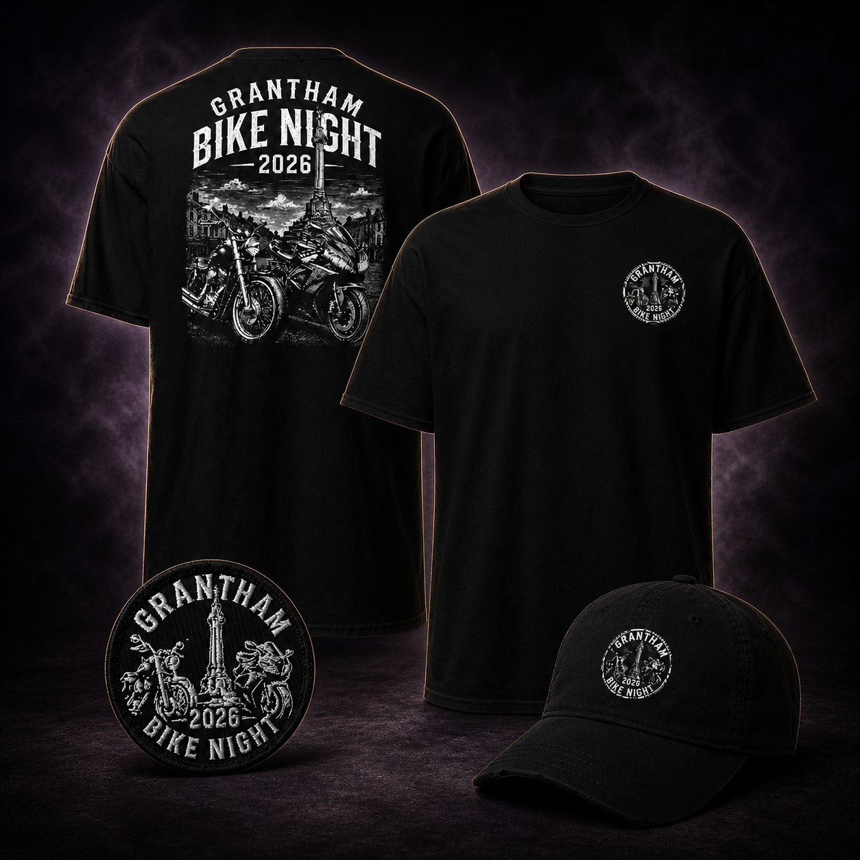 Grantham Biker Night 2026 T-shirt, cap and embroidered patch